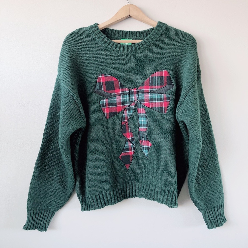 Planet Heart plaid bow green sweater large Christmas swearer knit chunky